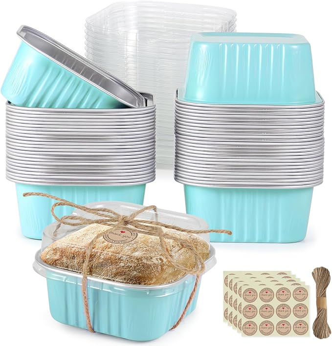 Mini Square Baking Cups with Lids, 50 Pcs 5oz Blue Aluminum Foil Cupcake Tins with Lids, Disposable Ramekins Flan Cake Pans Tins for Souffle, Dessert, Valentine, Wedding, Party Small Cake Containers by NorxzioreDessertBoxes