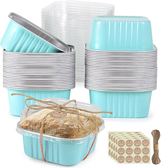 Mini Square Baking Cups with Lids, 50 Pcs 5oz Blue Aluminum Foil Cupcake Tins with Lids, Disposable Ramekins Flan Cake Pans Tins for Souffle, Dessert, Valentine, Wedding, Party Small Cake Containers by NorxzioreDessertBoxes