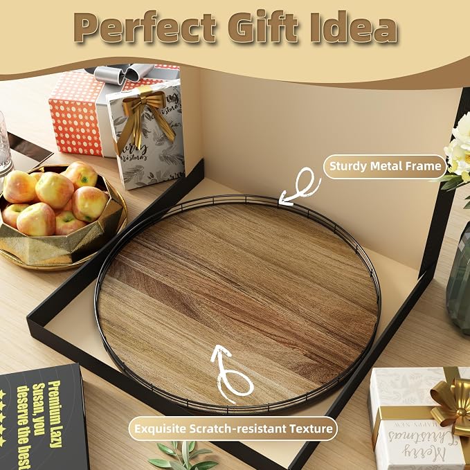 Acacia Wood 21" Lazy Susan Turntable Organizer for Table Top, Farmhouse Extra Large Round Lazy Susan for Serving Kitchen Countertop Cabinet for Charcuterie Centerpiece, Bathroom Vanity Tray Decor - Image 6