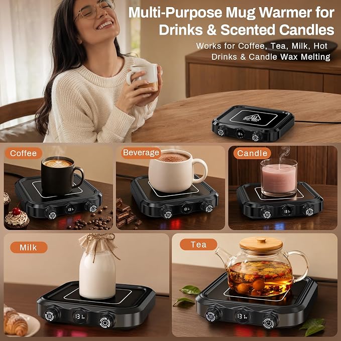 Coffee Mug Warmer, 8 Temp Settings, 4H Auto Off, 1-12H Timer, Memory Function, Anti-mistouch Knob, High Temp Resistant Explosion-Proof Glass Panel for Home Office Desk (Black) - Image 6