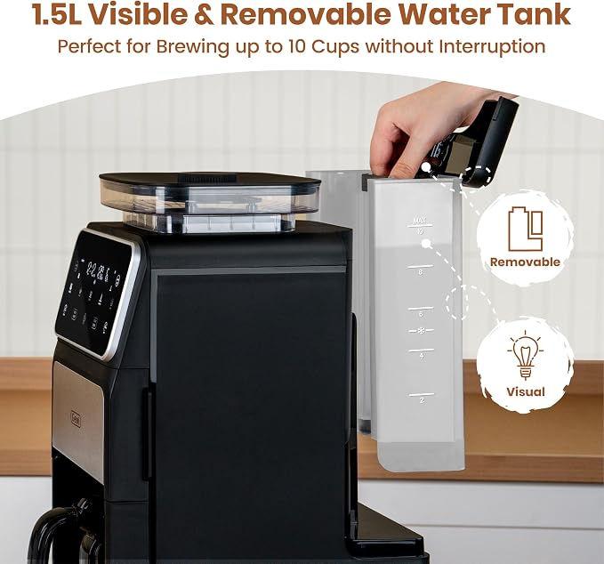 Gevi 10-Cup Drip Coffee Maker With Built-In Burr Grinder & Touch Screen | Programmable Brewing, 4-Hour Warming Plate, Permanent Filter, Included Glass Carafe for Fresh Grind-And-Brew Coffee at Home - Image 7