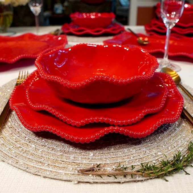 Perlette Red Melamine Dinnerware Set – 12-Piece Scalloped Plates & Bowls, Vibrant Glossy Finish, Elegant Beaded Rim, Durable & Lightweight – Service for 4, Indoor/Outdoor Use - Image 5