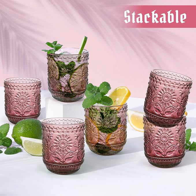Topsky Vintage Drinking Glass Set of 6,12 oz Embossed Floral Decorative Glassware Set,Glass Cups Wine Glasses Beverages Tumblers Colored Glassware for Whisky,Beer,Juice,Cocktail,Heavy Duty - Image 8