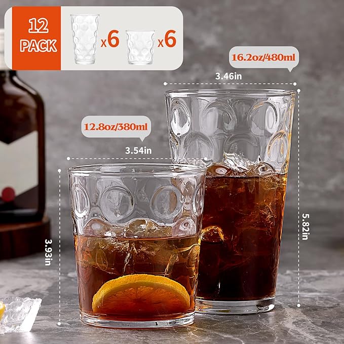 Moretoes Circle Drinking Glasses Set of 12,Clear Water Glass Cups | Mixed Glassware Set,16 Oz Highball Tumblers &12 Oz Rock Whiskey for Cocktail, Whisky and Other Beverages - Image 3