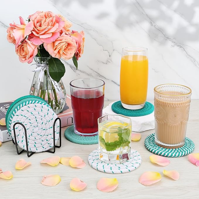Green Coaster, Drink Coasters, 8 Pack Cup Coasters, Kitchen Table Decor, Table Decor for Living Room, Bar Accessories for The Home Bar Set, Coaster Set for Wooden Tabletop Protection Table - Image 6