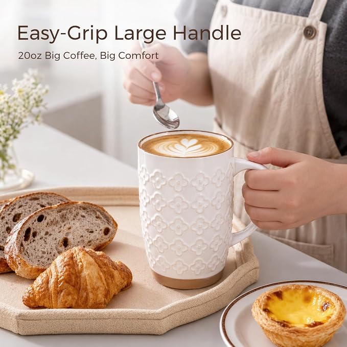 GBhome 20oz Large Coffee Mugs Set of 6, Handmade Tall Ceramic Coffee Mugs with Texture Patterns for Cappuccino, Latte,Hot Cocoa, Dishwasher & Microwave Safe-Off White - Image 6