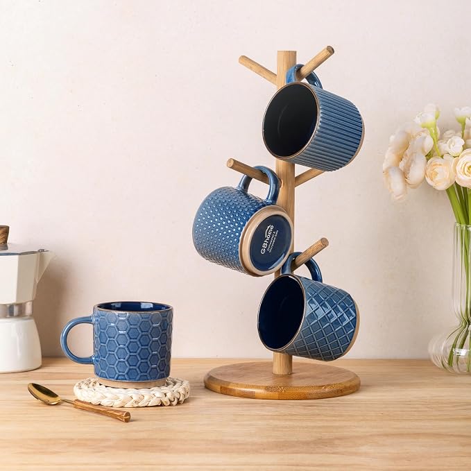 GBhome 6 OZ Stackable Coffee Mugs Set of 4, Ceramic Coffee Cups Set | 4 Assorted Designs, Embossed Mugs with Texture Patterns for Espresso/Tea, Dishwasher&Microwave Safe, Blue - Image 8