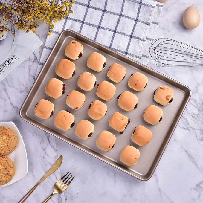 13-Inch Baking Sheet Pan, Non-Stick Carbon Steel Meat Bread Jelly Roll Pizzas Pastries Rimmed Cookie Sheet Pan for Oven Roasting 13" × 9" × 0.8" (Champagne Gold) - Image 3
