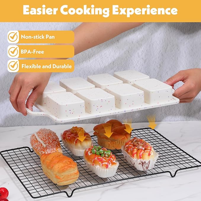 Silicone Mini Loaf Pan with Metal Reinforced Frame 2 Pack Non-stick Mini Bread Loaf Pans for Baking Bread 8-Cavity, Dishwasher Silicone Baking Molds for Banana Breads, Cornbread, Cheesecake (Cream)