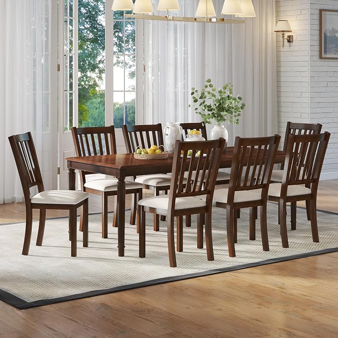 AMERLIFE 9 Piece Farmhouse Dining Set with 79" Rubberwood Table, Brown | 79" Rectangular Table, Solid Rubberwood Frame, Upholstered Chairs, Roman Conical Legs, Dark Brown Finish by AMERLIFE