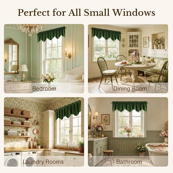 Moss Green Scalloped Velvet Valance 52x18 Inch 1 Panel | Thick Wavy Green Kitchen Curtains, Decorative Small Window Treatment for Living Room, Bathroom, Rod Pocket - Image 6