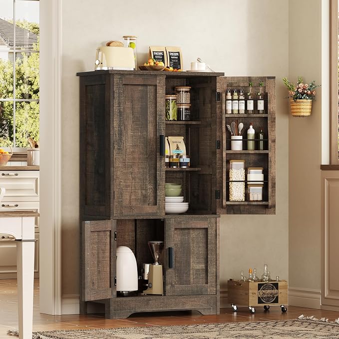 TEENFON Storage Cabinet with 4 Doors, 43.3" H Farmhouse Kitchen Cabinet with 6 Door Shelves, Kitchen Storage Cabinets with Adjustable Shelves, for Living Room, Antique Oak - Image 6