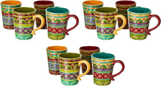 Tunisian Sunset 18 oz. Ceramic Mugs, Set of 4 – Multicolor Boho Coffee & Tea Cups with Bold Folk Art Patterns, Microwave & Dishwasher Safe, Eclectic Kitchen Gift Set for Beverage Lovers (Pack of 3) by CERTIFIEDINTERNATIONAL
