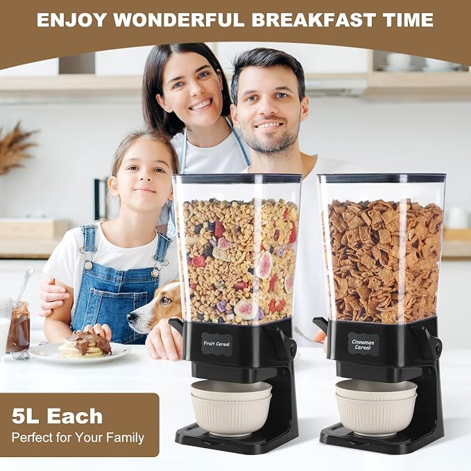 Cereal Dispenser Countertop with Cereal Bowls,16 Labels & Pen, Cereal Containers Storage, Candy Dispenser, Dry Food Dispenser For Pantry - Not Easy to Crush Food (Black, 2 Pack) - Image 2