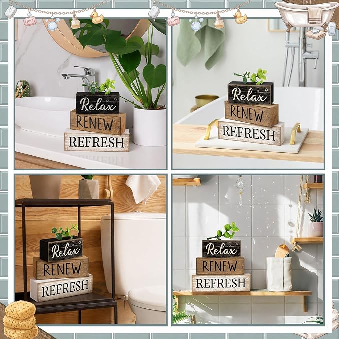 Moucuny 4 Pcs Bathroom Shelf Decor Sign Farmhouse Bathroom Decor and Accessories Rustic Eucalyptus Leaves Block Sign Gift Relax Renew Refresh Farmhouse Table Centerpiece for Home Office Toilet - Image 6