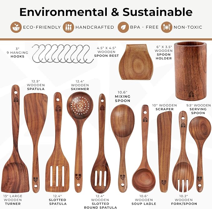 Wooden Spoons for Cooking, 12 Pcs Teak Utensil Set with Holder & Hooks | Includes Spoon Rest for Storage – Heat Resistant, Durable & Nonstick Safe Kitchen Cookware - Image 4