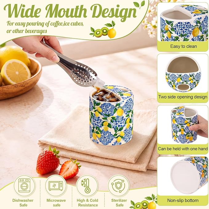 4 Pack Fruit Ceramic Coffee Mug with Sip Hole 10 Oz Espresso Cup with Straws Retro Hand Painted Fruit Porcelain Coffee Tea Cup Cappuccino Latte Mug for Kitchen Dining Travel - Image 3