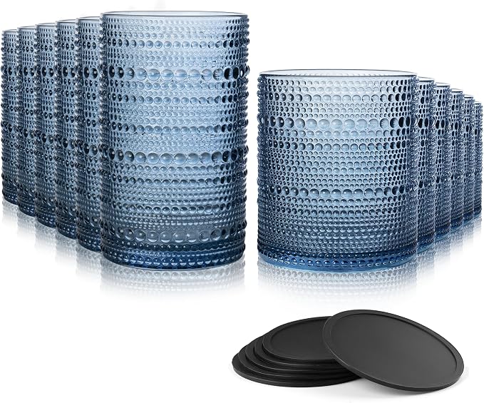 Hobnail Drinking Glasses Set of 12 with 6 Coasters, Blue | 6 Highball Glasses (14.5 oz), 6 Old Fashioned Glasses (10 oz) and 6 Silicone Coasters for Water, Whiskey and Cocktails by Unknown