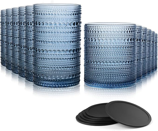 Hobnail Drinking Glasses Set of 12 with 6 Coasters, Blue | 6 Highball Glasses (14.5 oz), 6 Old Fashioned Glasses (10 oz) and 6 Silicone Coasters for Water, Whiskey and Cocktails by Unknown