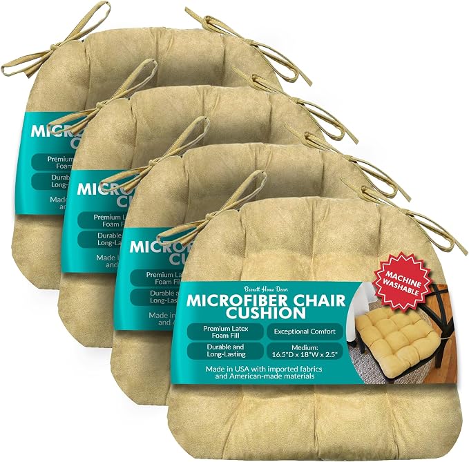 Barnett Home Decor Microsuede Dining Chair Cushions with Ties, 16.5 x 18 Inches, Pack of 4 – Machine Washable, Reversible with Plush Latex Foam Fill for Comfortable Seating – Camel (Tan) by BarnettHomeDecor