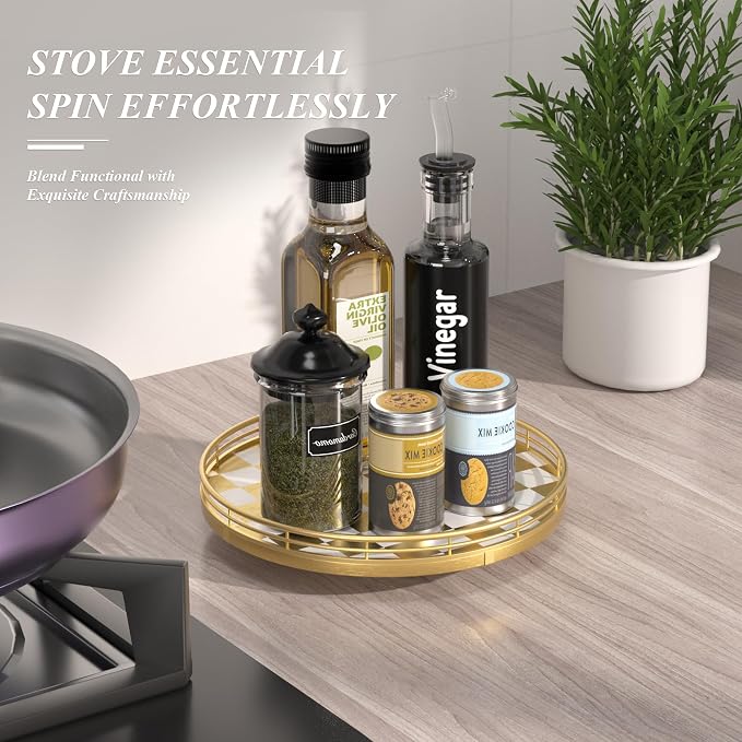 AMH 10-Inch Gold Checkerboard Lazy Susan Vanity Tray with Metal Rail | Smooth rotating oak tray with walnut finish for dining tables, kitchen counters, pantries and cabinet storage. - Image 2