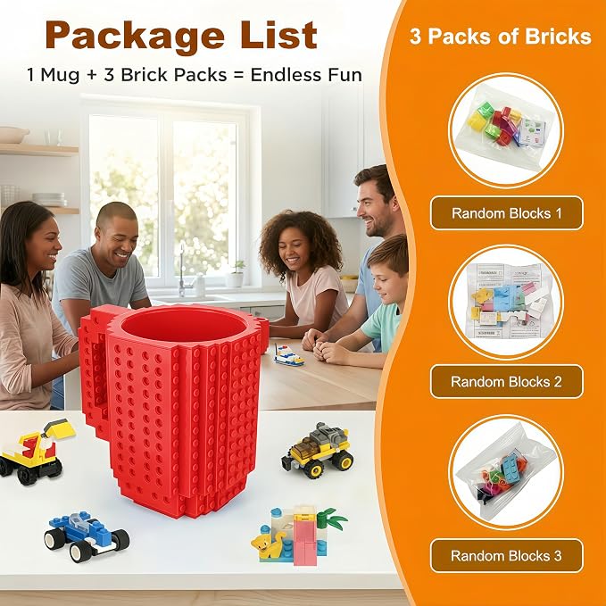 Lumsburry Build-on Brick Coffee Mug, Funny DIY Unique Novelty Drinking Cup | Building Blocks Creative Mug, for Men Women Kids Dad Mom, Present Exchange Ideas, Xmas Birthday White Elephant(Red) - Image 4