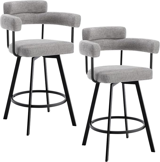 Flouki Swivel Bar Stools with Backs and Arms, Modern Bar Stools Set of 2 for Kitchen Island, 26" Upholstered Linen Counter Height Bar Stools for Kitchen Counter, Dining Room, Grey - Image 8