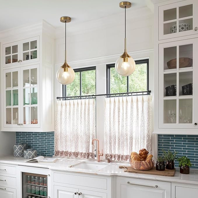 KCO Lighting Mid Century Modern Kitchen Island Pendant Lighting Gold 1-Light Amber Glass Globe Pendant Light Brushed Brass Large Living Room Pendant Light Fixture (2 Pack) - Image 6