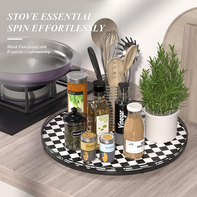 AMH 21-Inch Black and White Checkerboard Lazy Susan Decorative Tray | Smooth rotating oak tray with walnut finish for dining tables, kitchen counters, pantries and cabinet storage. - Image 5