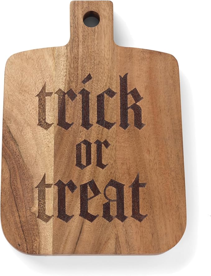 Oneida Vintro Halloween Trick or Treat Charcuterie Board | acacia wood, hand wash only | laser-etched trick-or-treat design | halloween party cheese and snack server by Oneida
