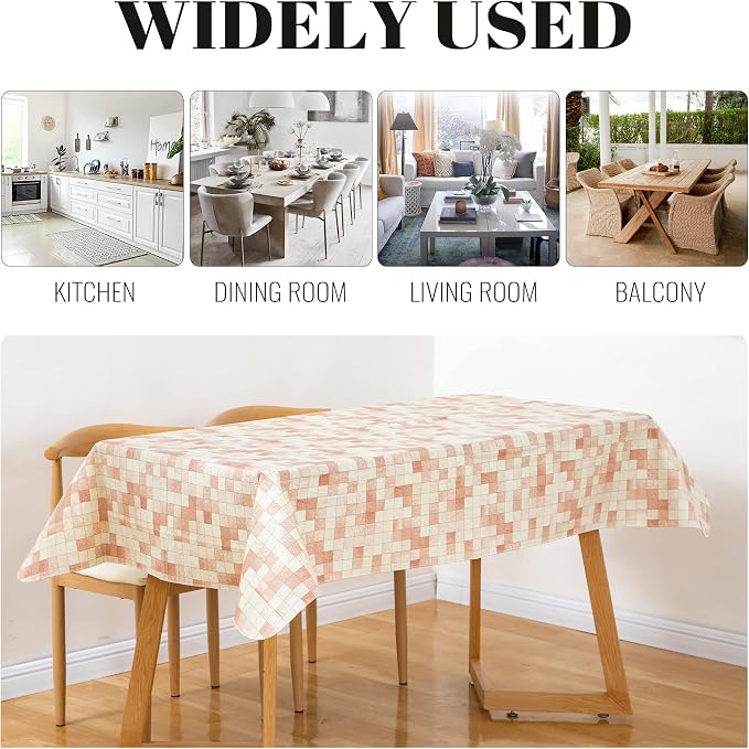 FIFTY FEET 70X52 Inch Rectangle Tablecloth, Vinyl Tablecloth with Flannel Backing Waterproof Table Cloth, Spill Proof Picnic Table Cover for Outdoor/Indoor/Camping/Dining(Beige Plaid) - Image 7