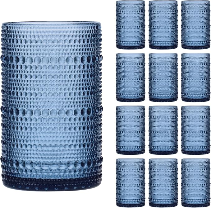 Moretoes Large 15oz Blue Hobnail Drinking Glass Set of 12 | Vintage Glassware,Embossed Glass Cups,Water Tumbler,Highball Glasses For Beer, Juice And Various Mixed Drinks by Moretoes