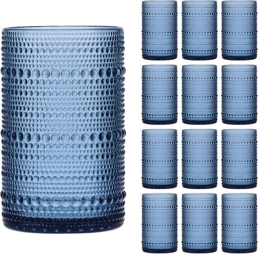 Moretoes Large 15oz Blue Hobnail Drinking Glass Set of 12 | Vintage Glassware,Embossed Glass Cups,Water Tumbler,Highball Glasses For Beer, Juice And Various Mixed Drinks by Moretoes