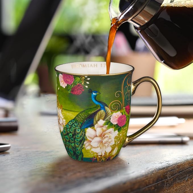Christian Art Gifts Blue Peacock Ceramic Coffee Mug with Gold Accents – 14 oz. Lead and Cadmium-free Inspirational Scripture Coffee and Tea Mug for Women & Men with Bible Verse: Blessed –Jeremiah 17:7 - Image 4