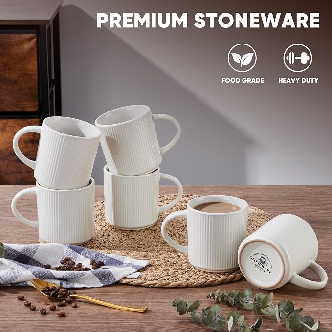 E-far 12 oz Coffee Mugs Set of 6, Stoneware Coffee Cups with Handle for Man Woman, Modern Ribbed Ceramic Tea Mugs for Latte Cocoa Milk, Microwave & Dishwasher Safe, Speckled White - Image 3