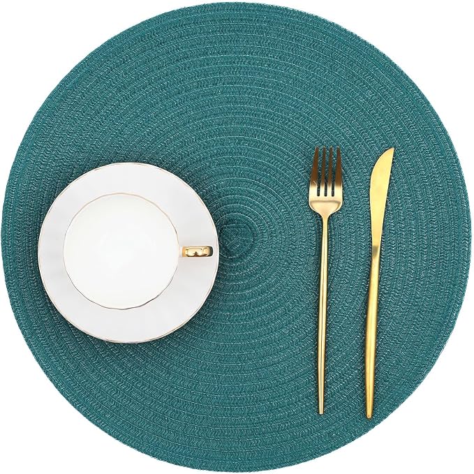 SHACOS Round Placemats Set of 8 Woven Braided Table Placemats 15 inch Circle Place Mats Washable Non Slip Table Mats for Home Wedding Party, Teal Green - Image 9