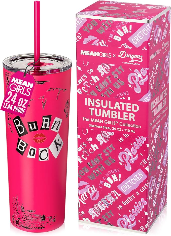 Dragon Glassware x Mean Girls Burn Book Tumbler with Straw & Lid, 24 oz | Vacuum Insulated Stainless Steel Tumbler with Straw & Lid; Double Walled Tumbler; Official Mean Girls Cup by DragonGlassware