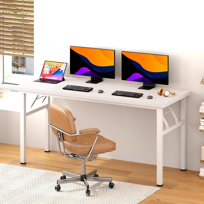 DlandHome 62 Inch Large Folding Computer Desk, Fully Assembled, White | Foldable Writing Table for Bedroom Dorm, Conference Table for Home Office, Wood Top Metal Frame, Collapsible Easy Storage - Image 2
