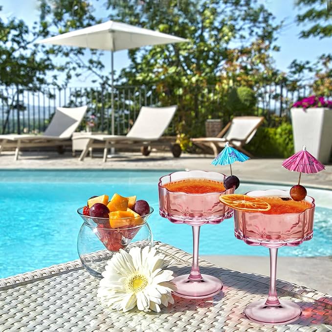 Vintage Champagne Coupes Glass Cute Martini Cocktail Glasses,13oz Crystal Martini Wine Glasses Set Of 24 Elegant Flower -Shaped Goblet Drinking Champagne Dessert Yogurt Ice Cream Glassware Cups Pink - Image 2