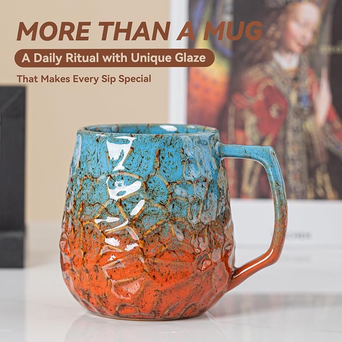 18oz Unique Blue & Orange Kiln-Change Ceramic Coffee Mug, Handcrafted Hammered Texture Ceramic Mug with Ergonomic Handle, Microwave & Dishwasher Safe, Gift for Coffee Lovers, Home Office Daily Use - Image 7