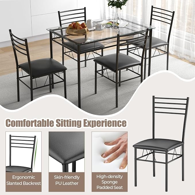 Giantex 5 Piece Dining Table Set, Kitchen Dining Set with Tempered Glass Table Top and 4 Upholstered Chairs, Dinette Set for 4 for Breakfast Nook Dining Room Kitchen (Black) - Image 5
