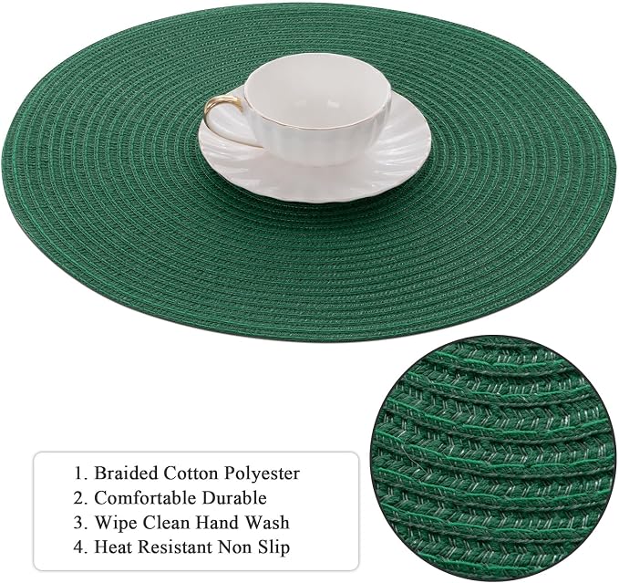 SHACOS Dark Green Round Placemats Set of 6 Cotton Polyester Braided 15 inch Washable Kitchen Dining Table Place Mats Christmas Table Mats for Home Wedding Party Decor - Image 2