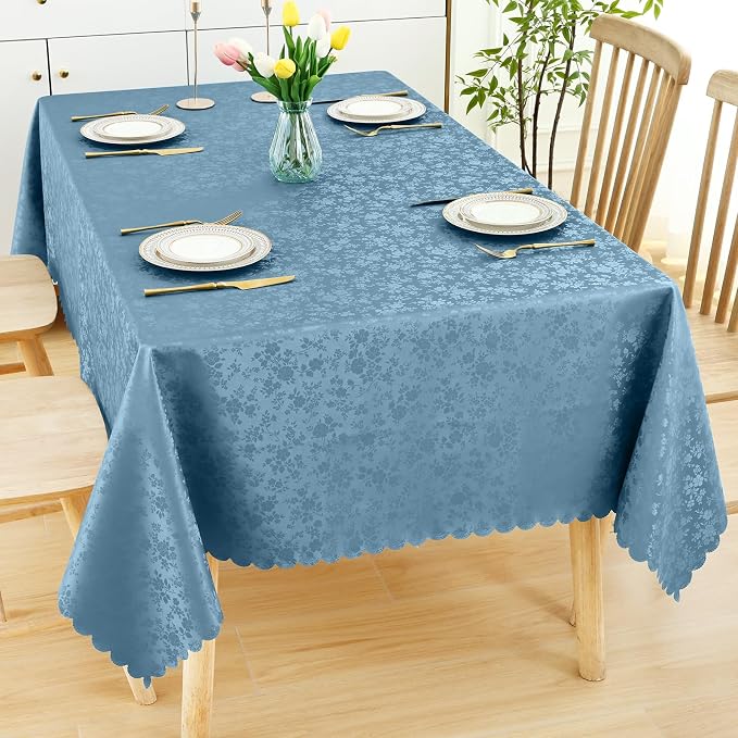 Smiry Rectangle Waterproof Heavy Duty Vinyl Tablecloths, 60 x 140 Inch | Wipeable Washable Floral Embossed Table Cover for Kitchen and Dining Room, Indoor & Outdoor Use, Stone Blue - Image 7