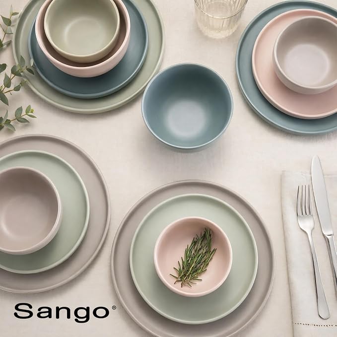 Sango 16-Piece Stoneware Dinnerware Set for 4, Satin Glazed Plates and Bowls Sets with Matte Finish, Ceramic Dish Set, Durable Kitchen Dishes, Microwave & Dishwasher Safe Dining, Rollo Artist's Blend - Image 8