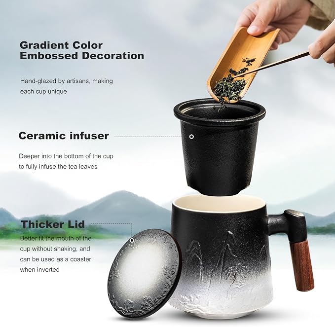 suyika Ceramic Tea Cup with Infuser and Lid, Gradient Embossed Large Tea Mug Wooden Handle for Steeping Loose Leaf, Tea Lover Gifts 15.2 oz / 450 ml,Matte Black - Image 3
