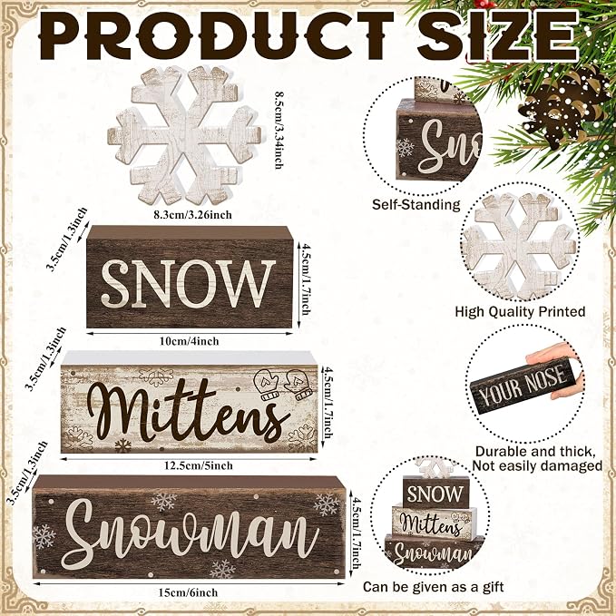 Moucuny 4 Pcs Winter Table Decorations Wooden Snowflake Decor Christmas Tiered Tray Decor Rustic Decorative Snowflake Block Sign Gift Winter Table Centerpiece for Wonderland Party Home Kitchen - Image 4