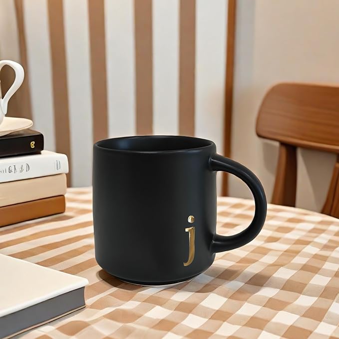 COLLECTIVE HOME Black Ceramic Coffee Mug, 15 oz Golden Monogram Tea Cup (j) | Personalized Halloween Mug with Gift Box, Dishwasher Safe, Birthday Present, Christmas Thanksgiving Mothers Day Gifts - Image 5
