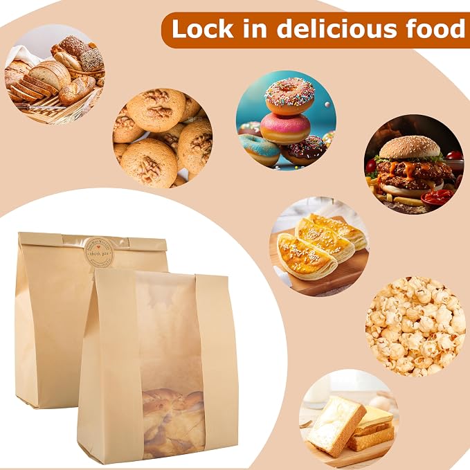50 Pcs Bread Bags for Homemade Bread with Window & 60 Sealing Stickers | Food-grade kraft paper (13.7x8.2x3.7in), tear, water & grease resistant. Ideal for cookies, snacks, bagel and bread storage. - Image 4