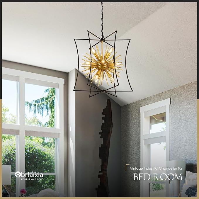 Modern 23.2" Black Gold Sputnik Chandelier for Dining Room Industrial Retro Geometric 12-Light Ceiling Pendant Light Fixture for Kitchen Island Bedroom Living Room Hallway Entryway Foyer - Image 7