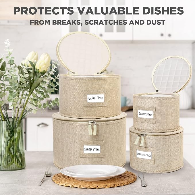 LotFancy China Storage Containers, Hard Shell, 4PCS Set, Dish Saucer Plate Storage Box for Moving, Stackable Dinnerware Organizer Bins with 48 Felt Dividers, Beige - Image 7